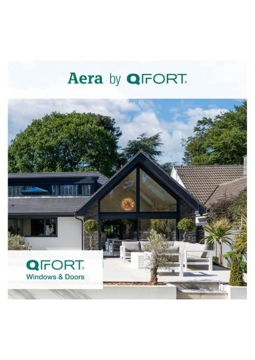 Aera by QFORT logo above a modern house with a glass-entry and outdoor seating area.